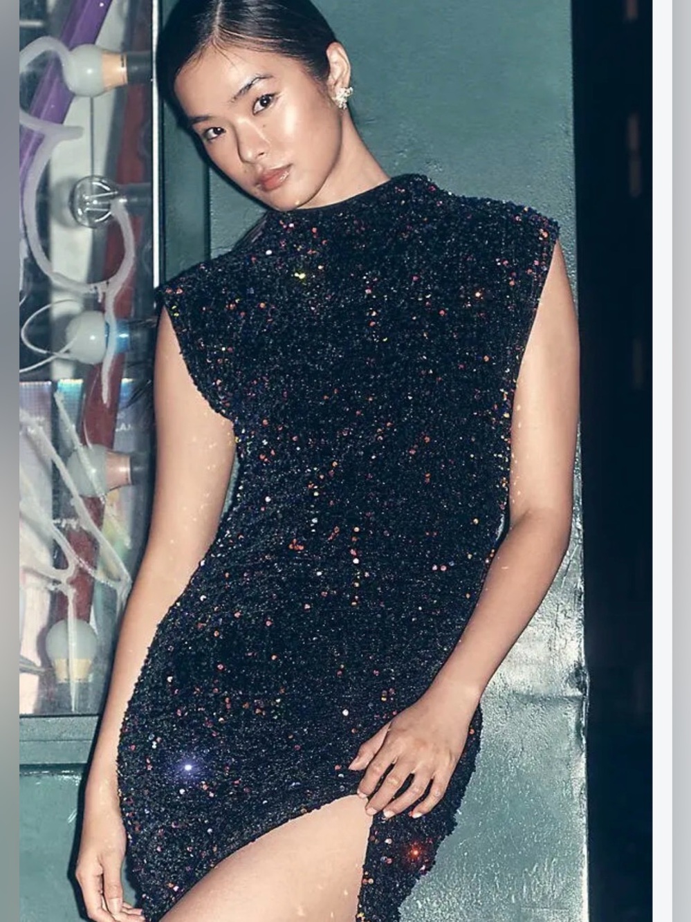 Nwt Black Sequin High-Slit Evening Dress